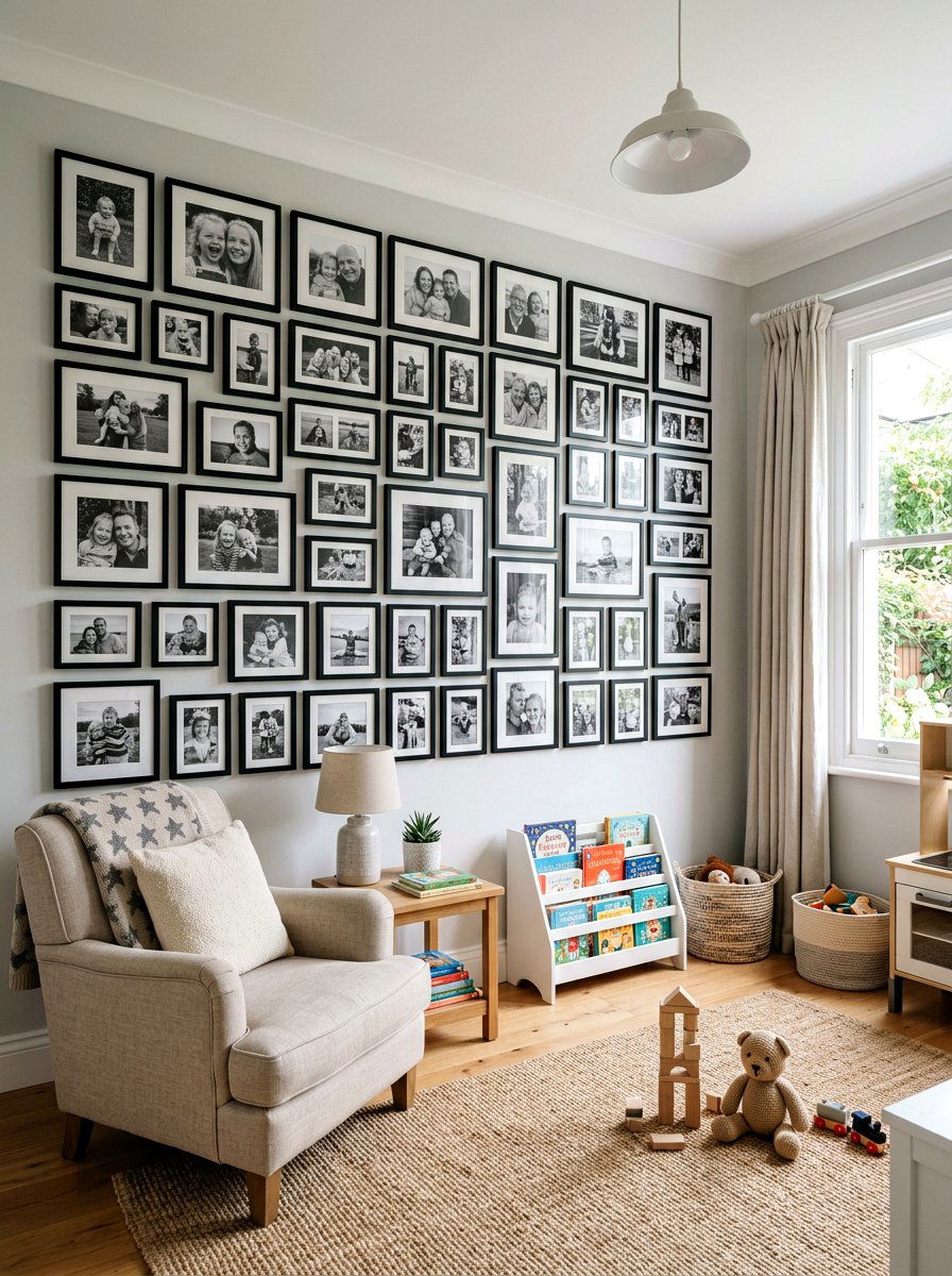 Black and white photo wall - 30 art wall kids room ideas