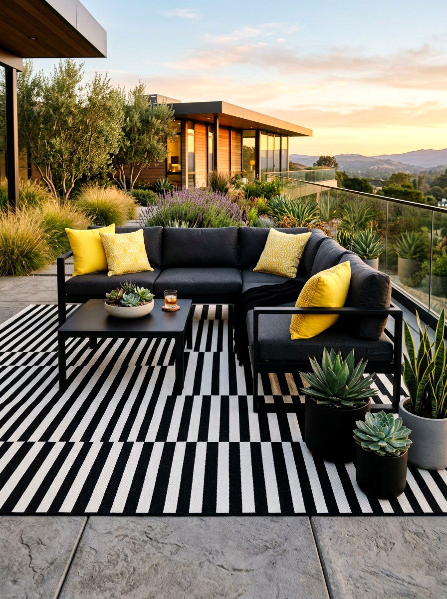Black and white striped patio rug - 30 striped outdoor rug ideas