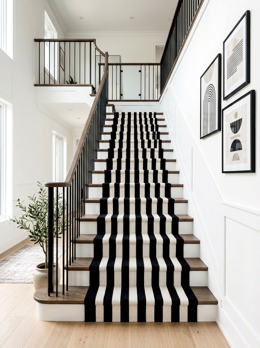 Black and white striped stair runner - 30 staircase runner ideas