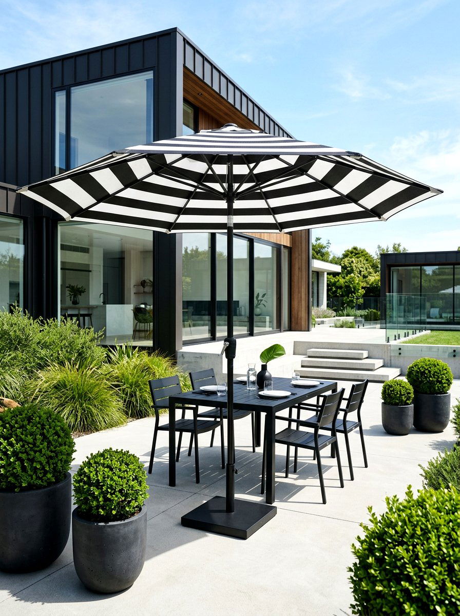 Black and white striped umbrella - 30 striped umbrella patio decor ideas