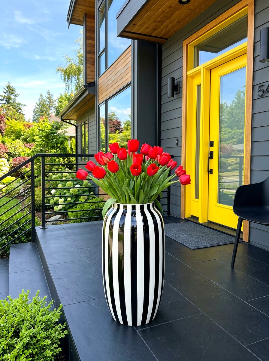 Black and white striped urn - 30 porch urn planter ideas