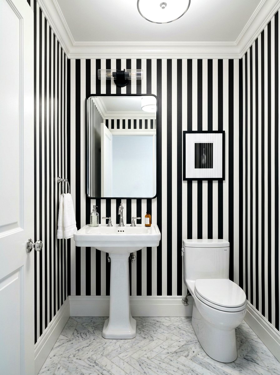 Black and white striped wallpaper - 30 striped powder room ideas