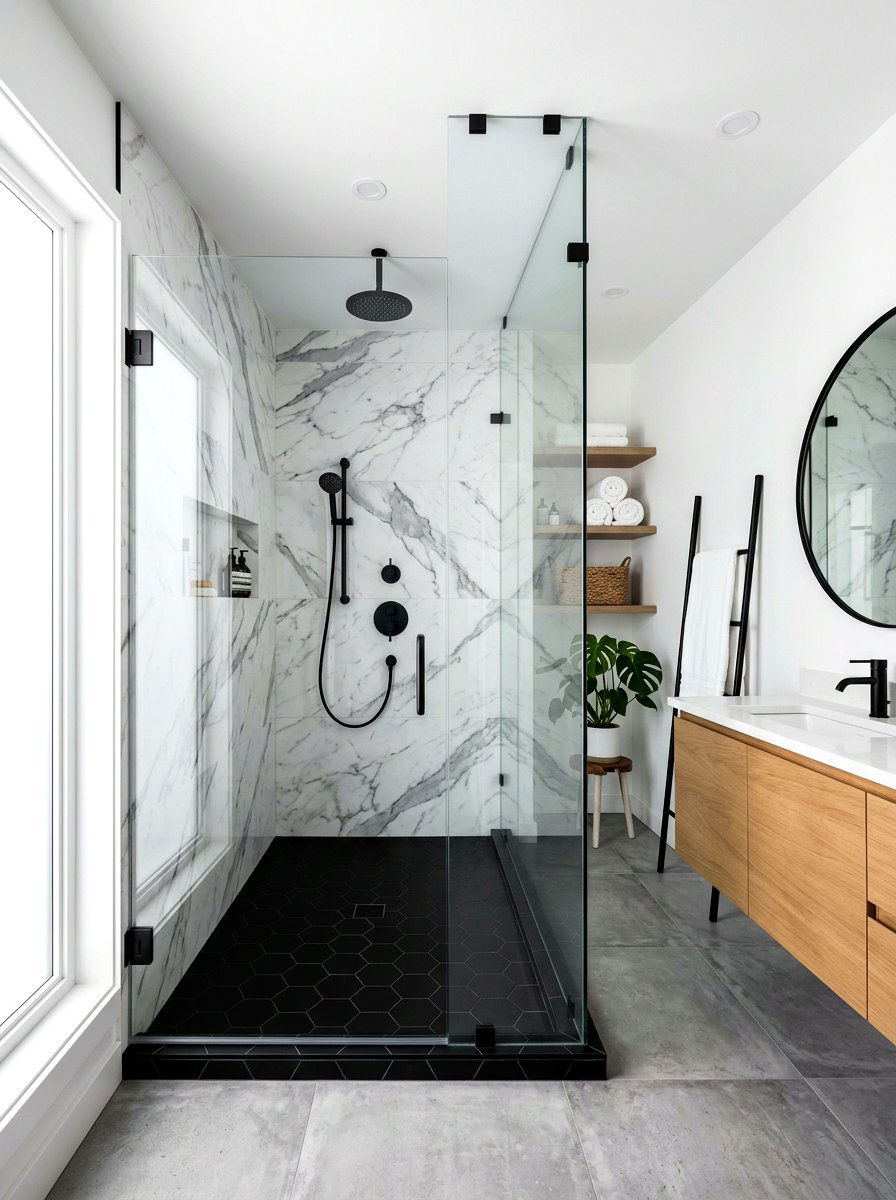 Black and white walk in shower bathroom - 30 black and white bathroom ideas