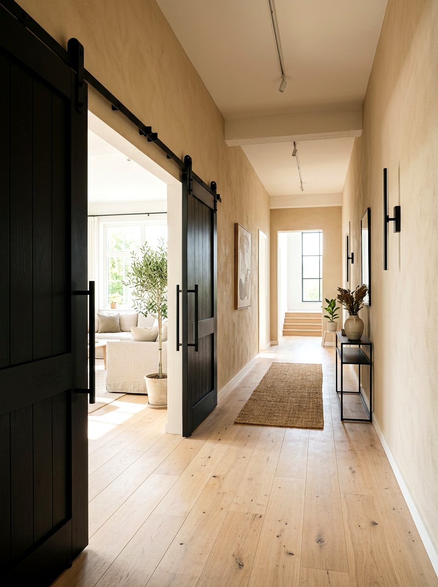 Black barn door on sand wall - 30 sand and black decor ideas