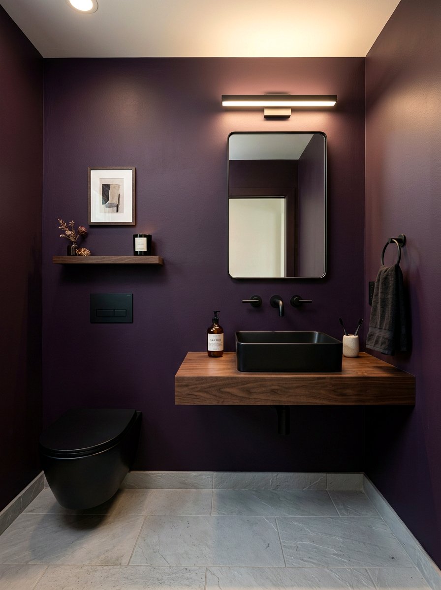 Black bathroom sink - 30 aubergine powder room ideas