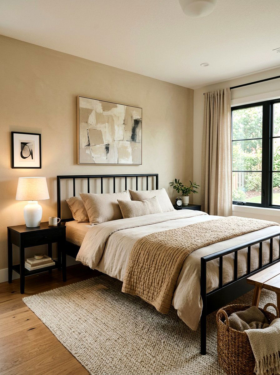 Black bed frame with sand bedding - 30 sand and black decor ideas
