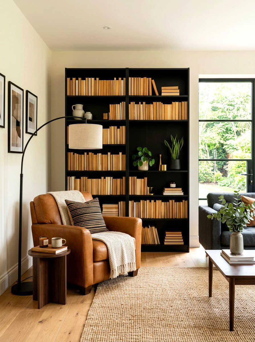 Black bookshelf caramel book covers - 30 caramel and black living room ideas