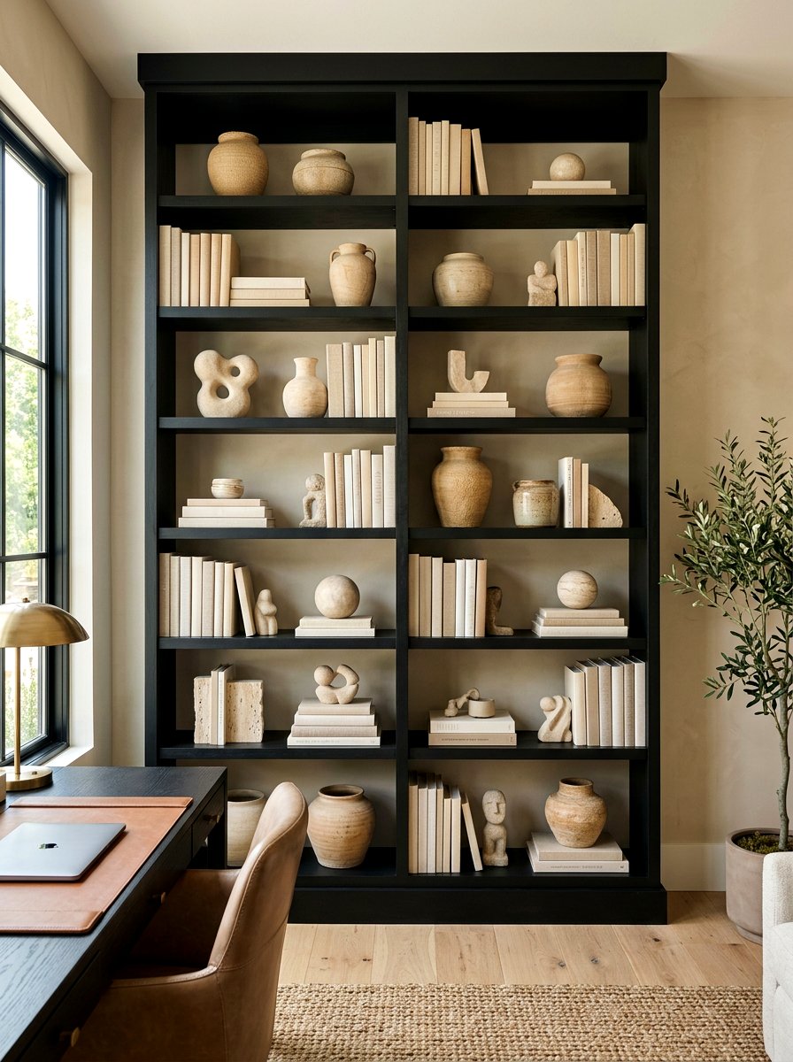 Black bookshelf with sand decor - 30 sand and black decor ideas