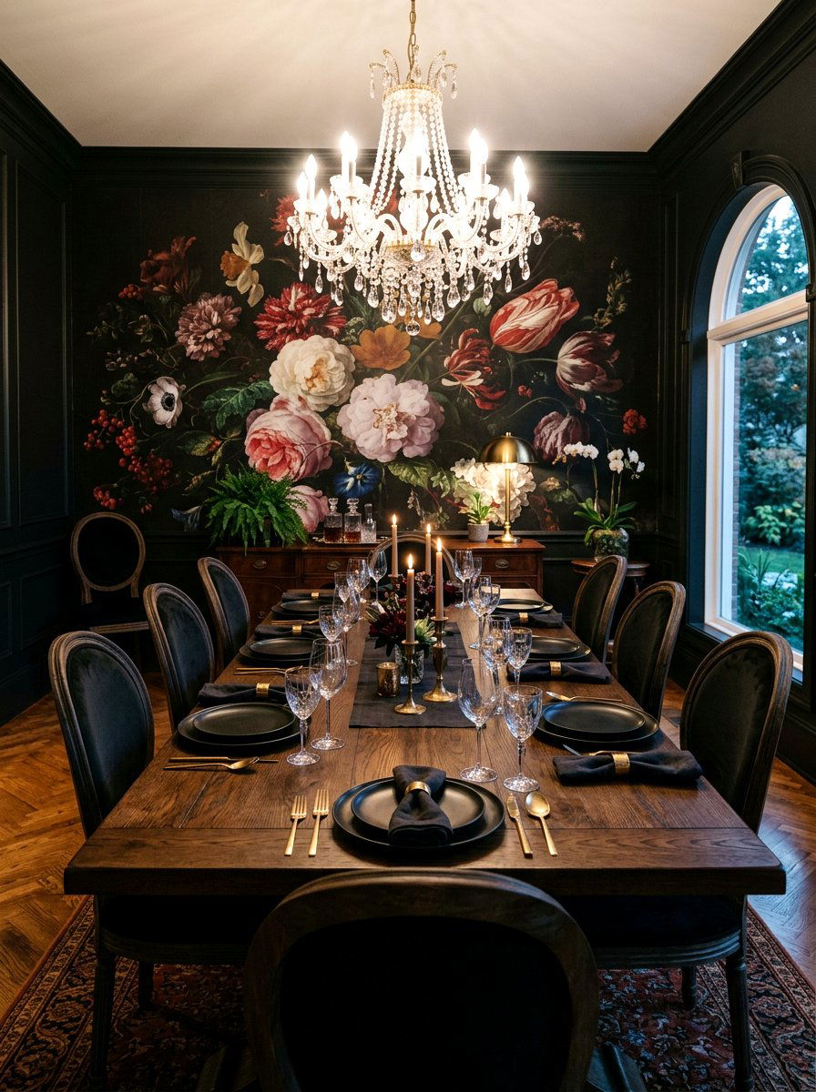 Black botanical dining room - 30 dark floral fall decor ideas