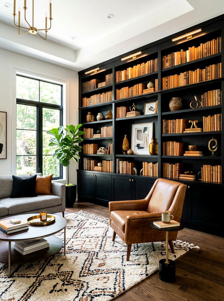 Black built in shelves caramel accents - 30 caramel and black living room ideas