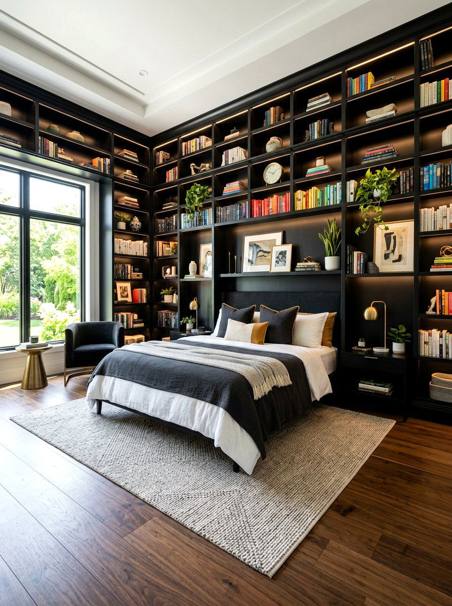 Black built in shelving bedroom - 30 black bedroom ideas