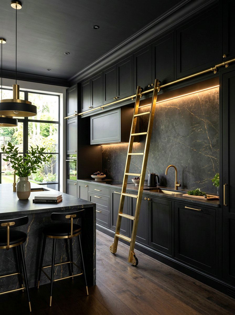 Black cabinets with brass ladder - 30 library ladder kitchen ideas