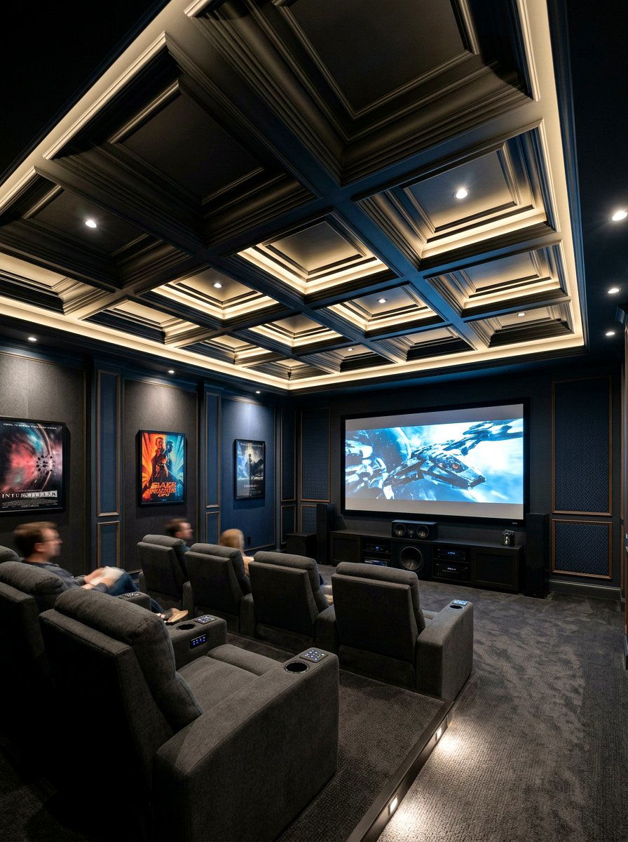 Black coffered ceiling media room - 30 coffered ceiling ideas