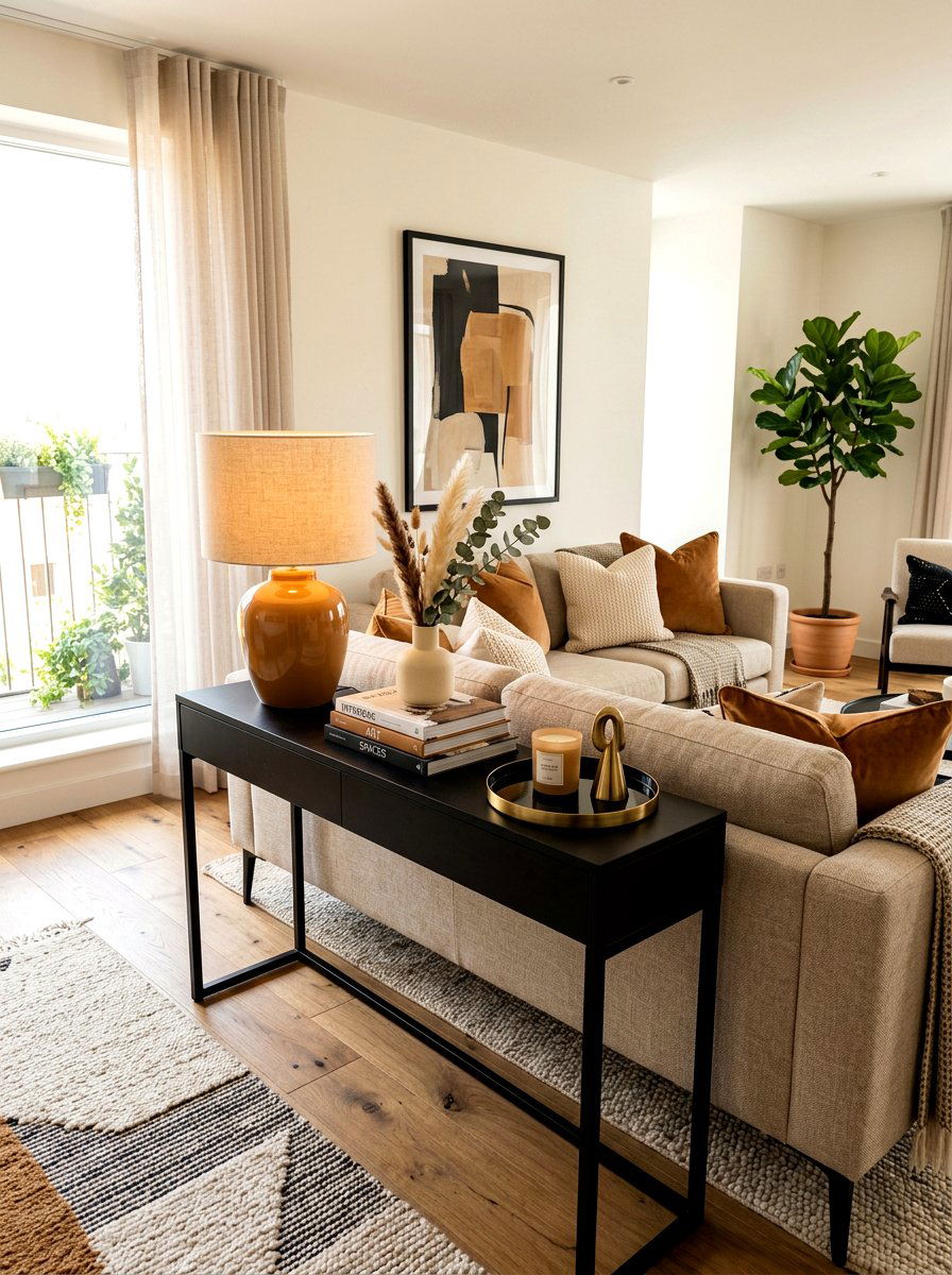 Black console table caramel lamp - 30 caramel and black living room ideas