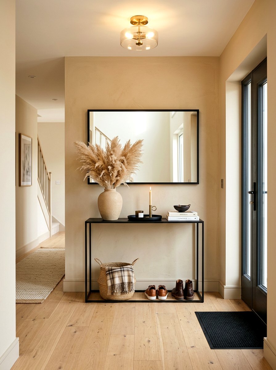 Black console table in sand entryway - 30 sand and black decor ideas