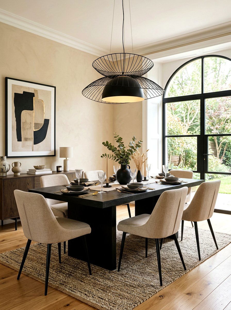 Black dining table with sand chairs - 30 sand and black decor ideas
