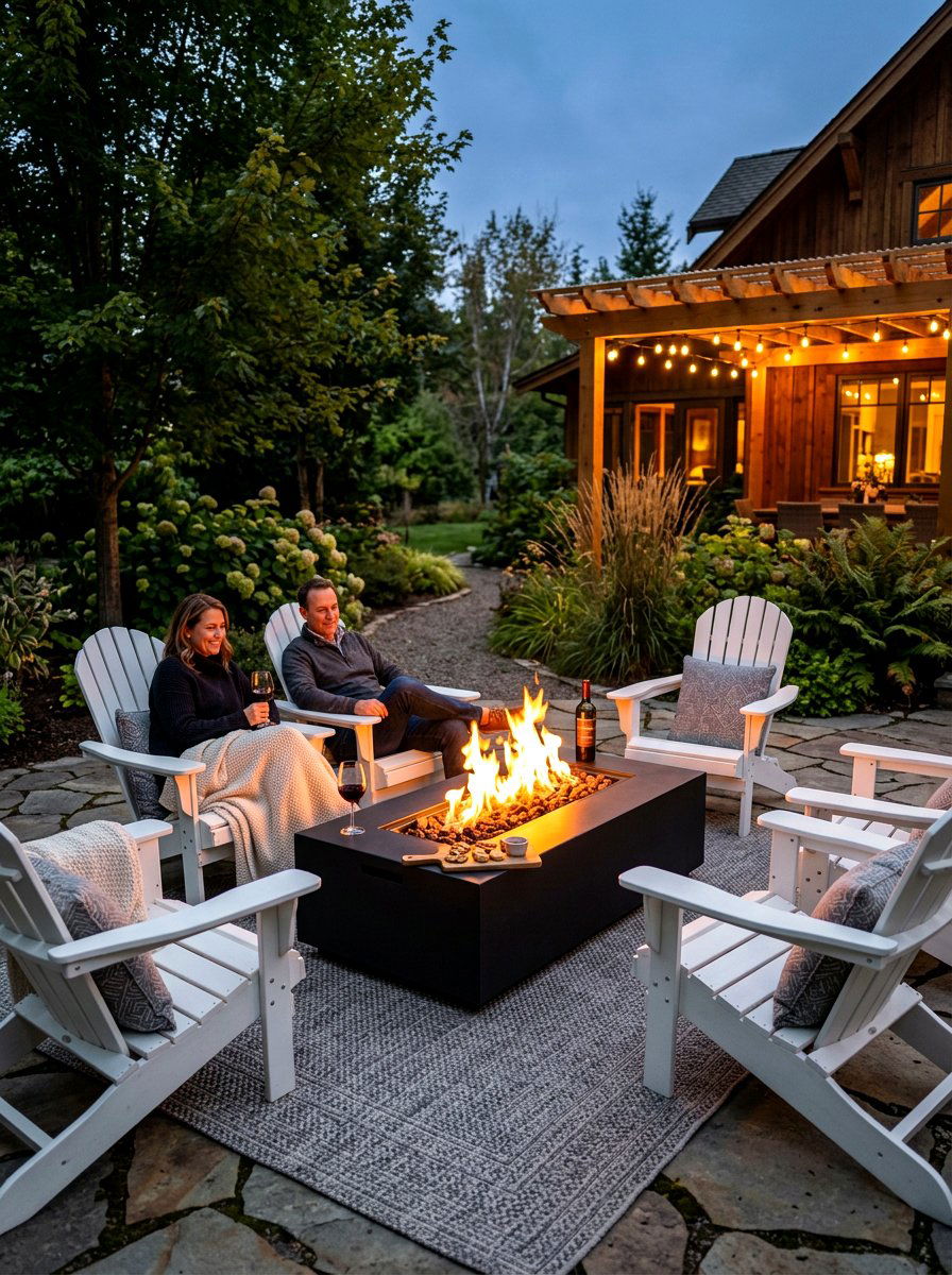 Black fire pit with white chairs - 30 black and white patio ideas