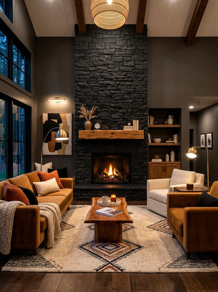 Black fireplace caramel mantle - 30 caramel and black living room ideas