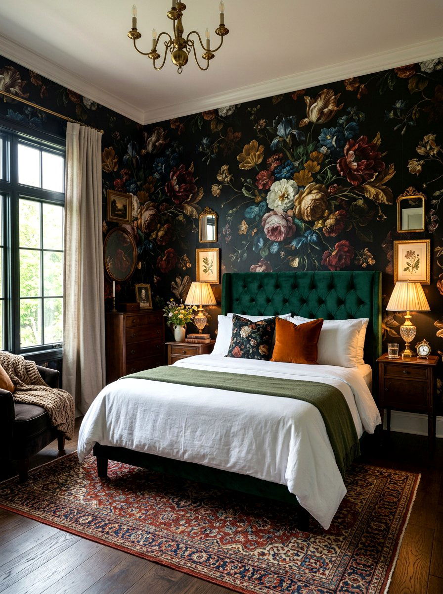 Black floral wallpaper bedroom - 30 black bedroom ideas
