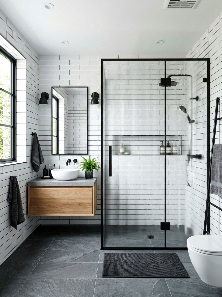 Black frame ribbed glass shower door - 30 ribbed glass shower ideas