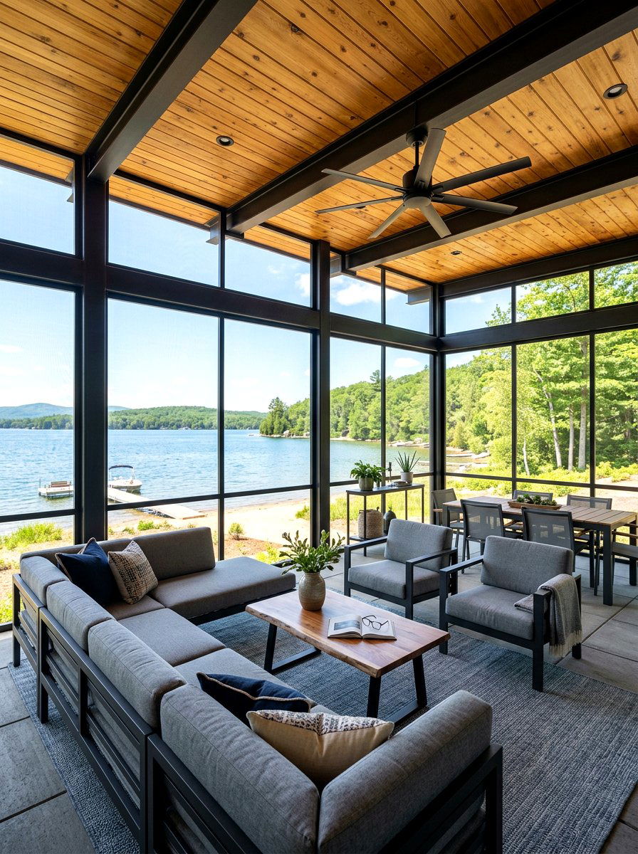 Black frame screened porch - 30 lake house porch ideas