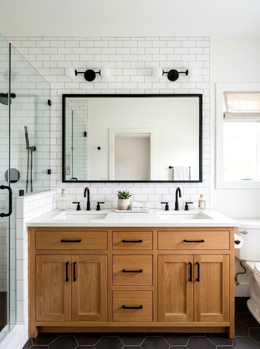 Black framed mirror - 30 small guest bath decor ideas