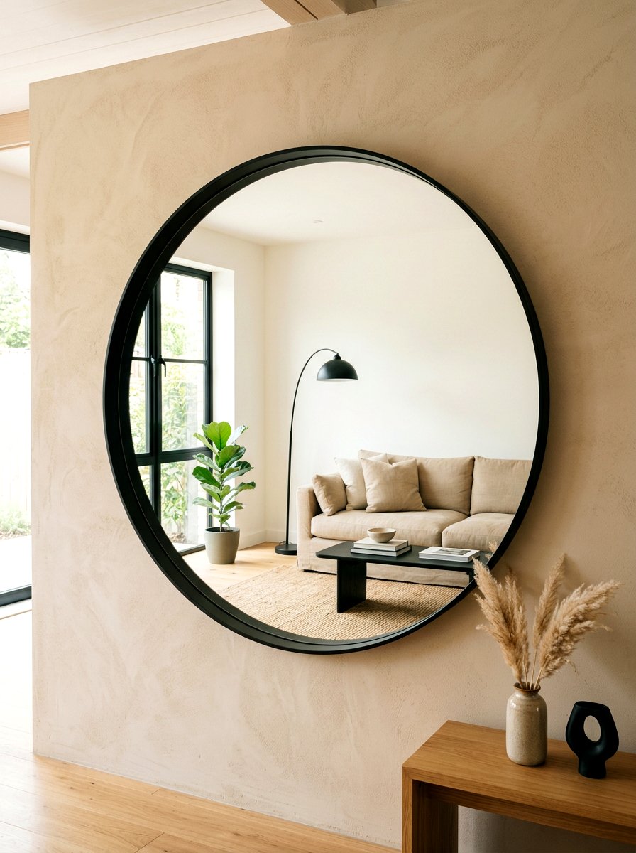 Black framed mirror on sand wall - 30 sand and black decor ideas