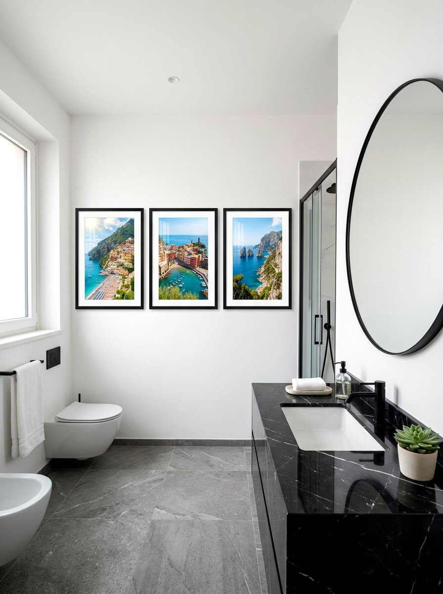 Black framed photography bathroom - 30 bathroom wall decor ideas