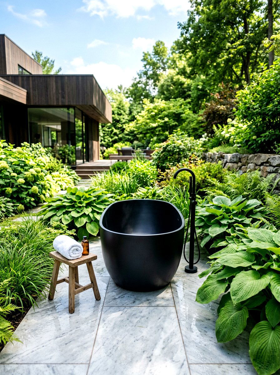 Black freestanding tub outdoor - 30 outdoor bath ideas