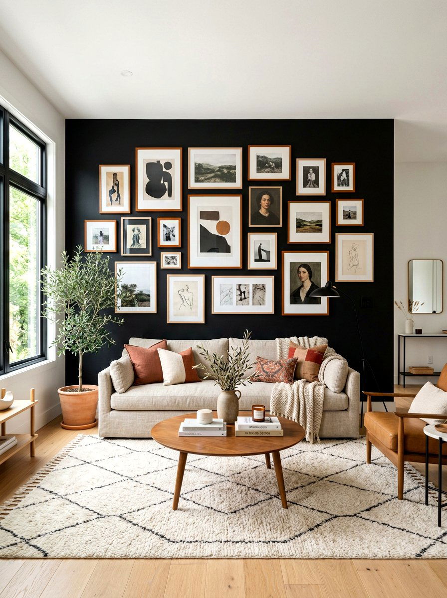 Black gallery wall caramel frames - 30 caramel and black living room ideas