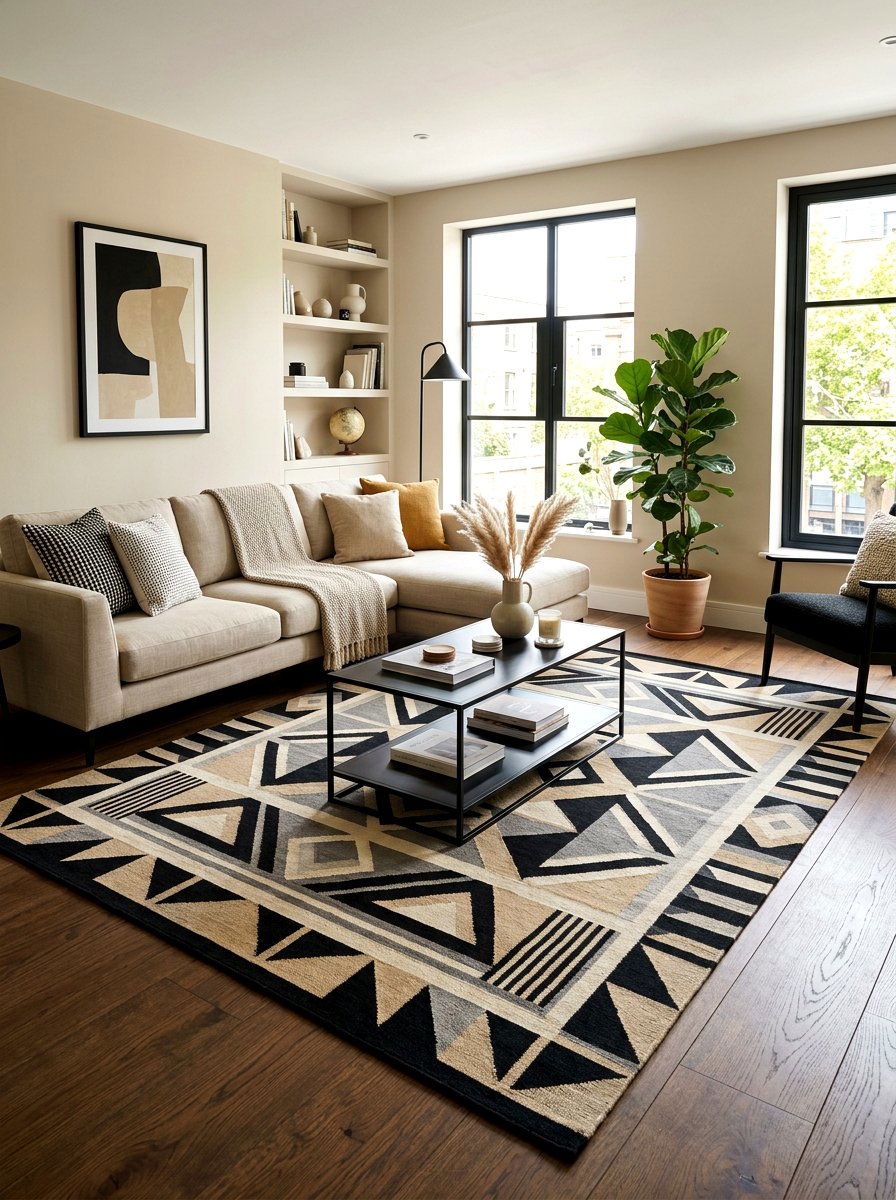 Black geometric rug in sand living room - 30 sand and black decor ideas