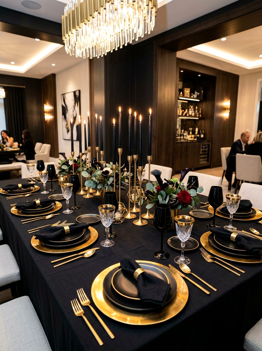 Black gold tablescape - 30 New Year brunch table ideas