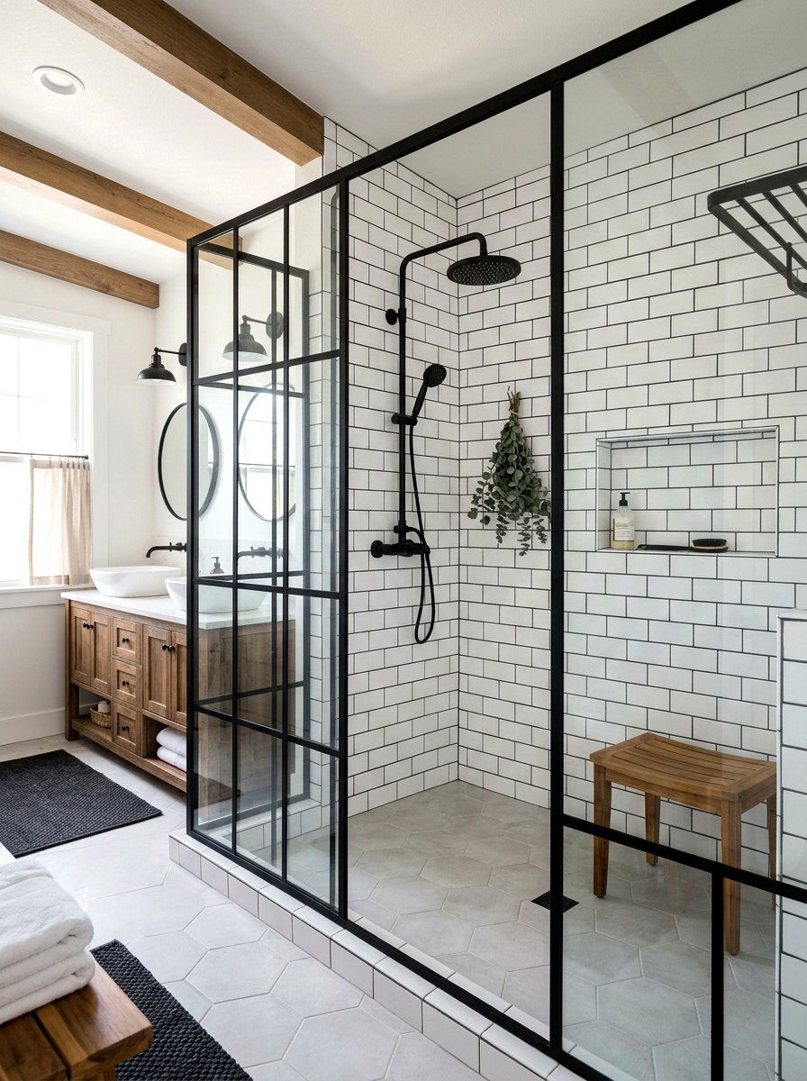 Black grid walk in shower - 30 double shower bathroom ideas