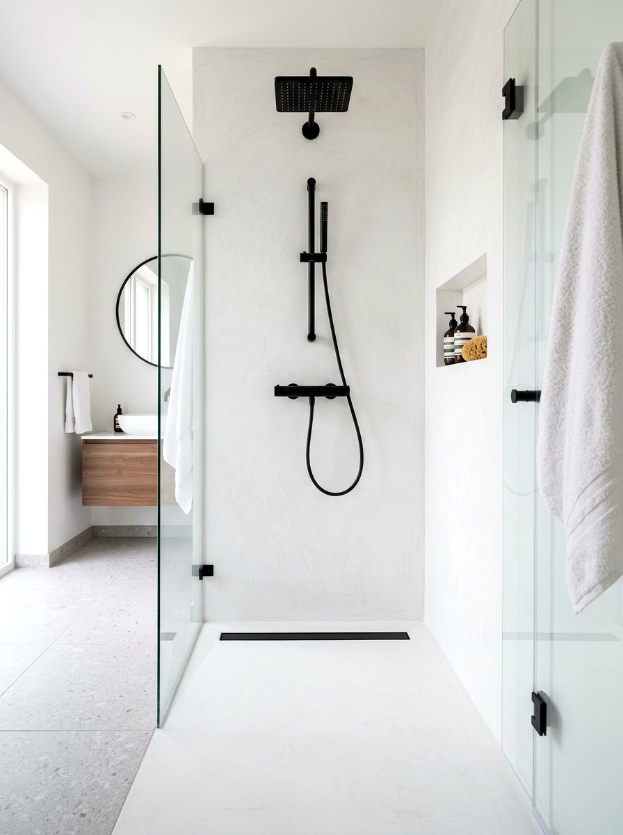 Black hardware microcement shower - 30 microcement shower ideas