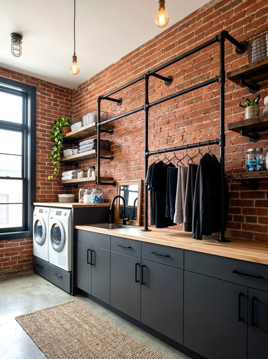 Black industrial pipe laundry rod - 30 laundry room hanging rod ideas