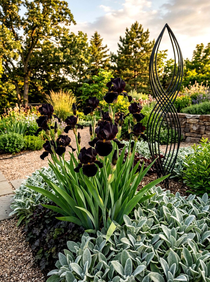 Black iris focal point - 30 iris garden ideas