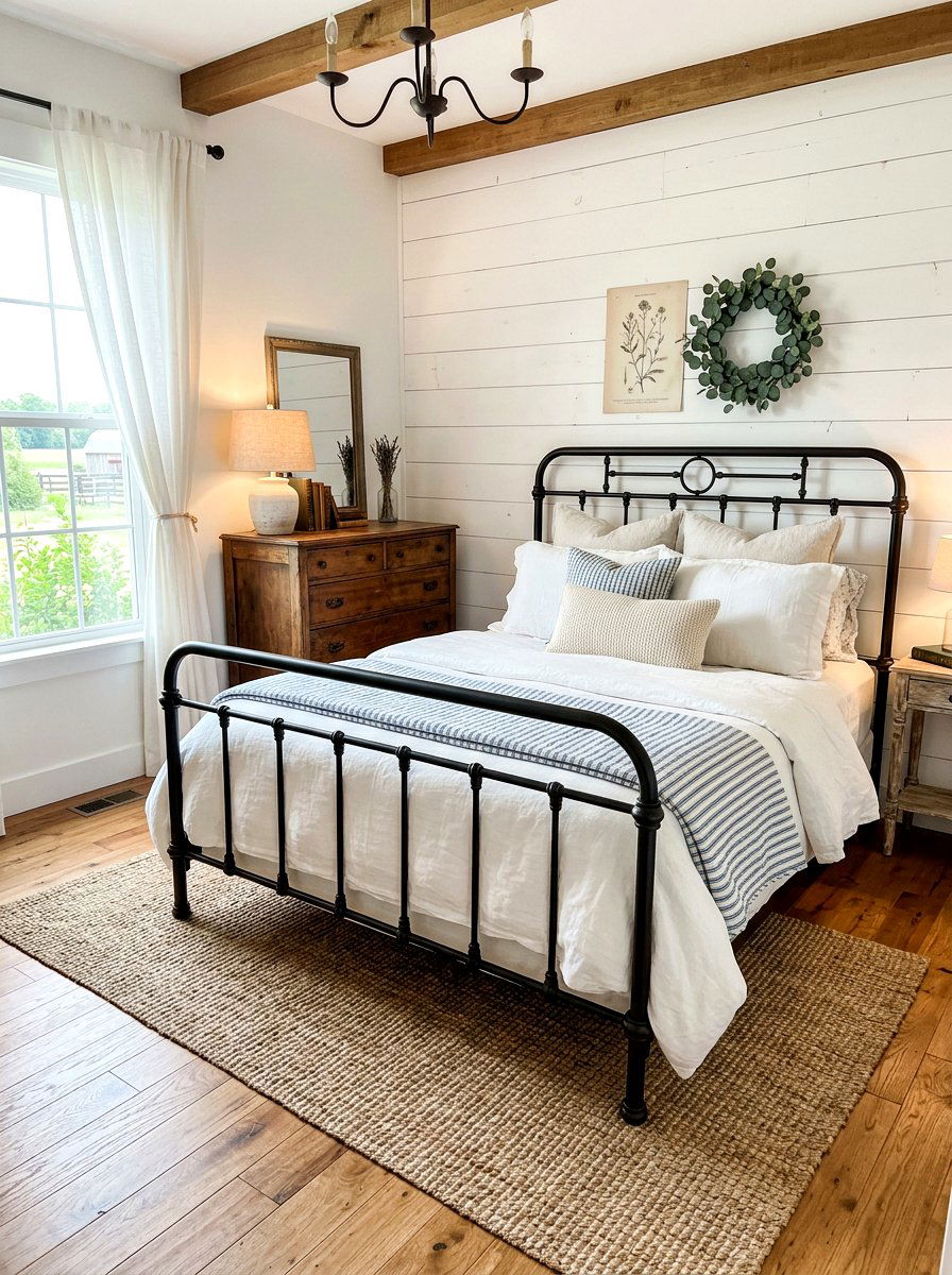 Black iron bed - 30 farmhouse bedroom ideas