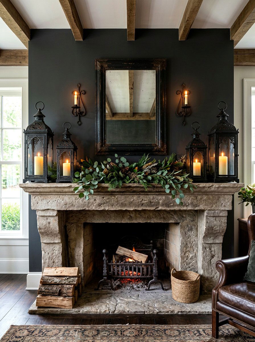 Black iron lanterns - 30 moody mantel fall ideas