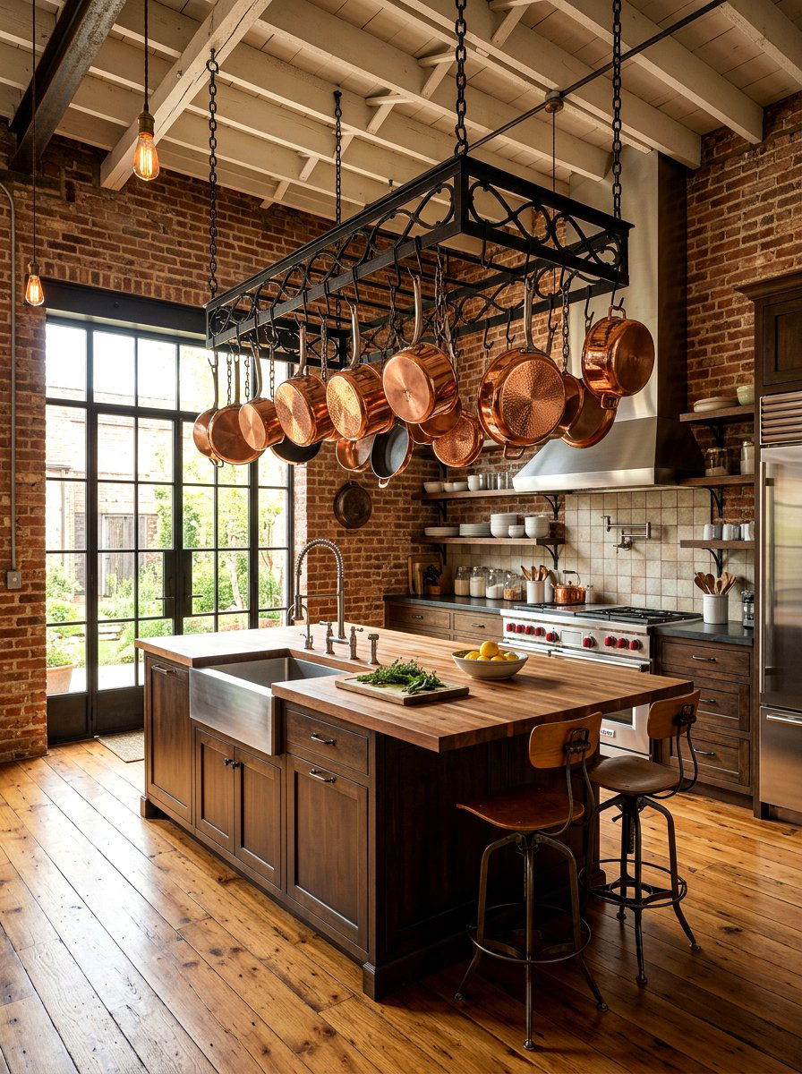 Black iron pot rack - 30 industrial farmhouse kitchen ideas