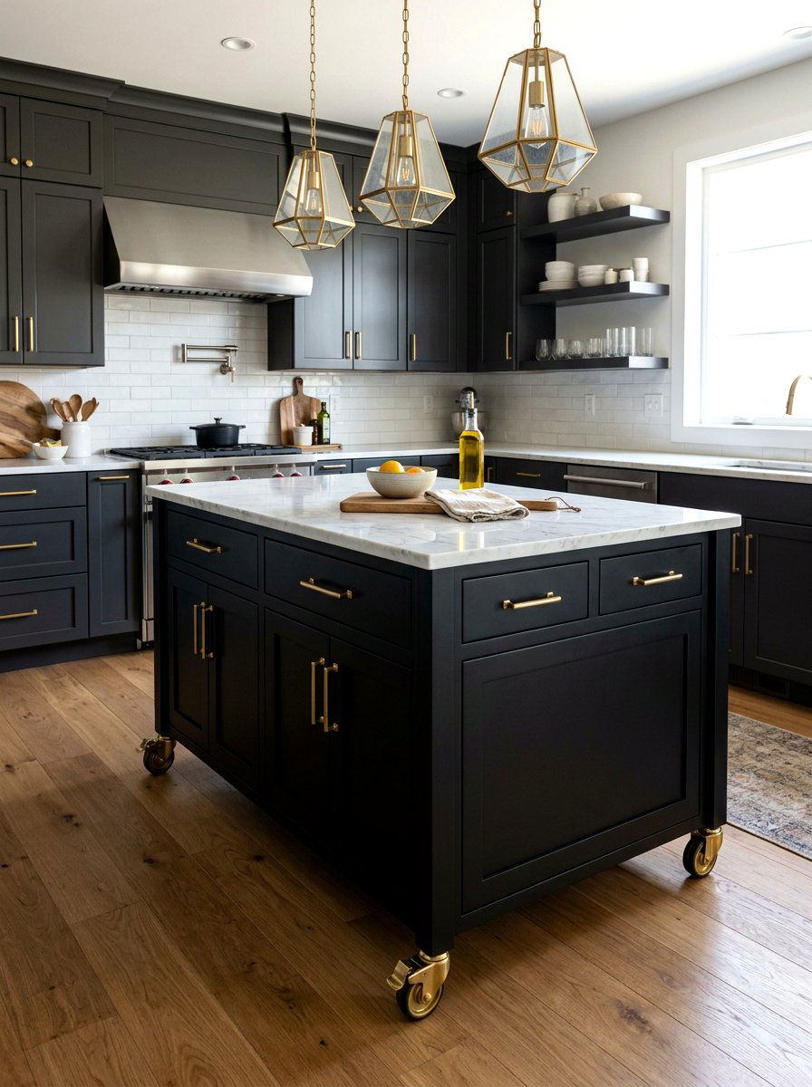 Black kitchen island with gold hardware on wheels - 30 movable kitchen island ideas