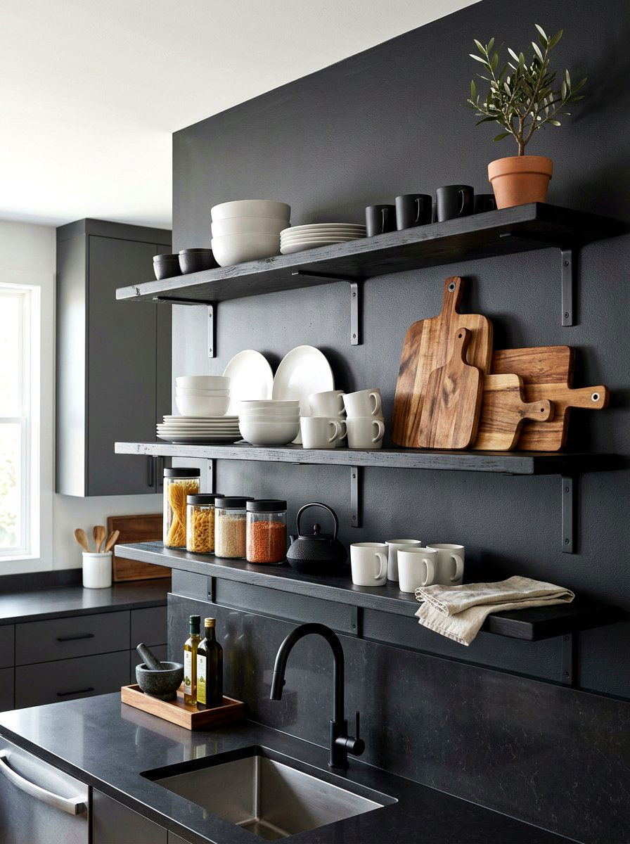 Black kitchen open shelves - 30 open kitchen shelf ideas