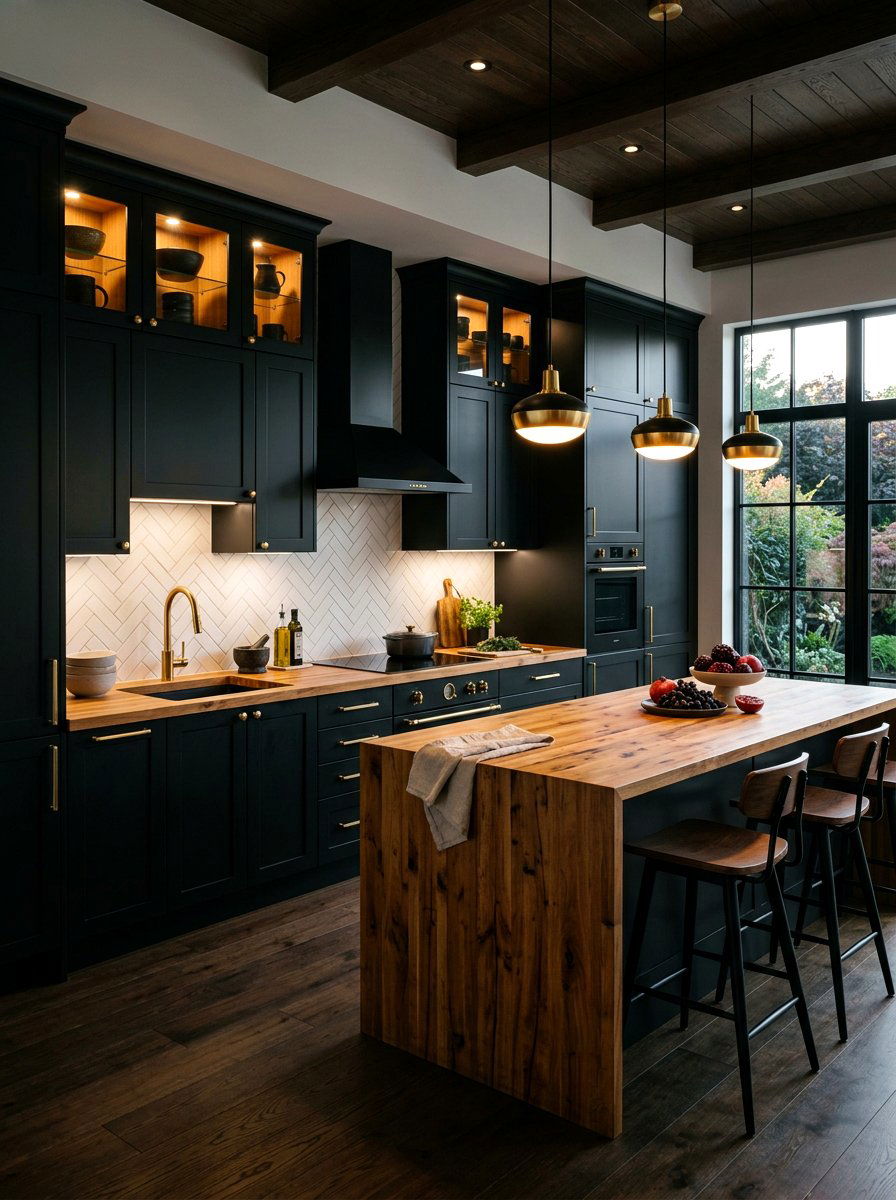 Black kitchen with warm wood counters - 30 butcher block countertop ideas