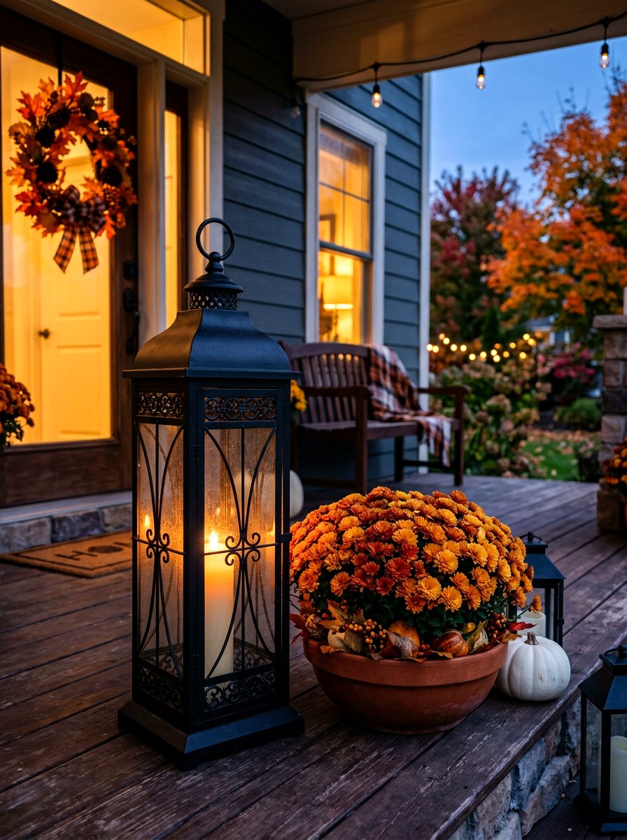 Black lantern and mum porch arrangement - 30 autumn planter ideas