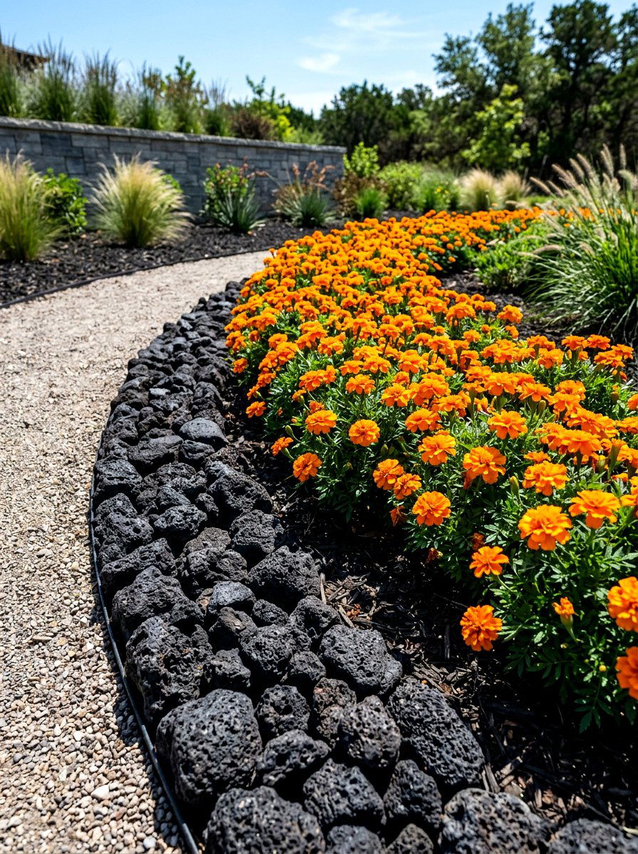 Black lava rock edging - 30 stone mulch border ideas