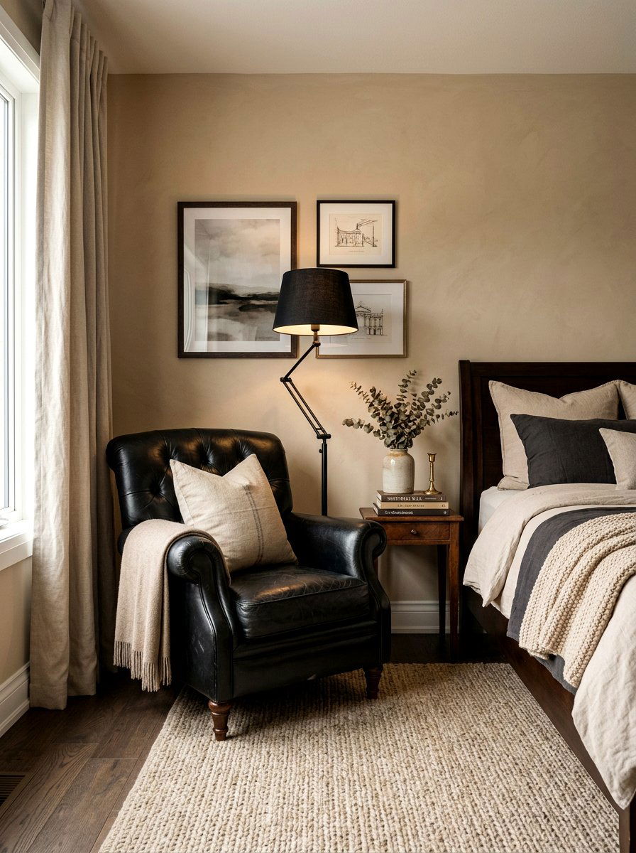 Black leather chair in sand bedroom - 30 sand and black decor ideas