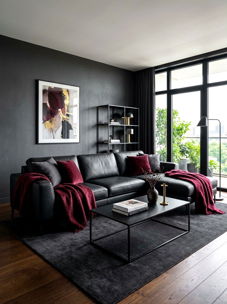Black leather living room - 30 moody fall living room ideas