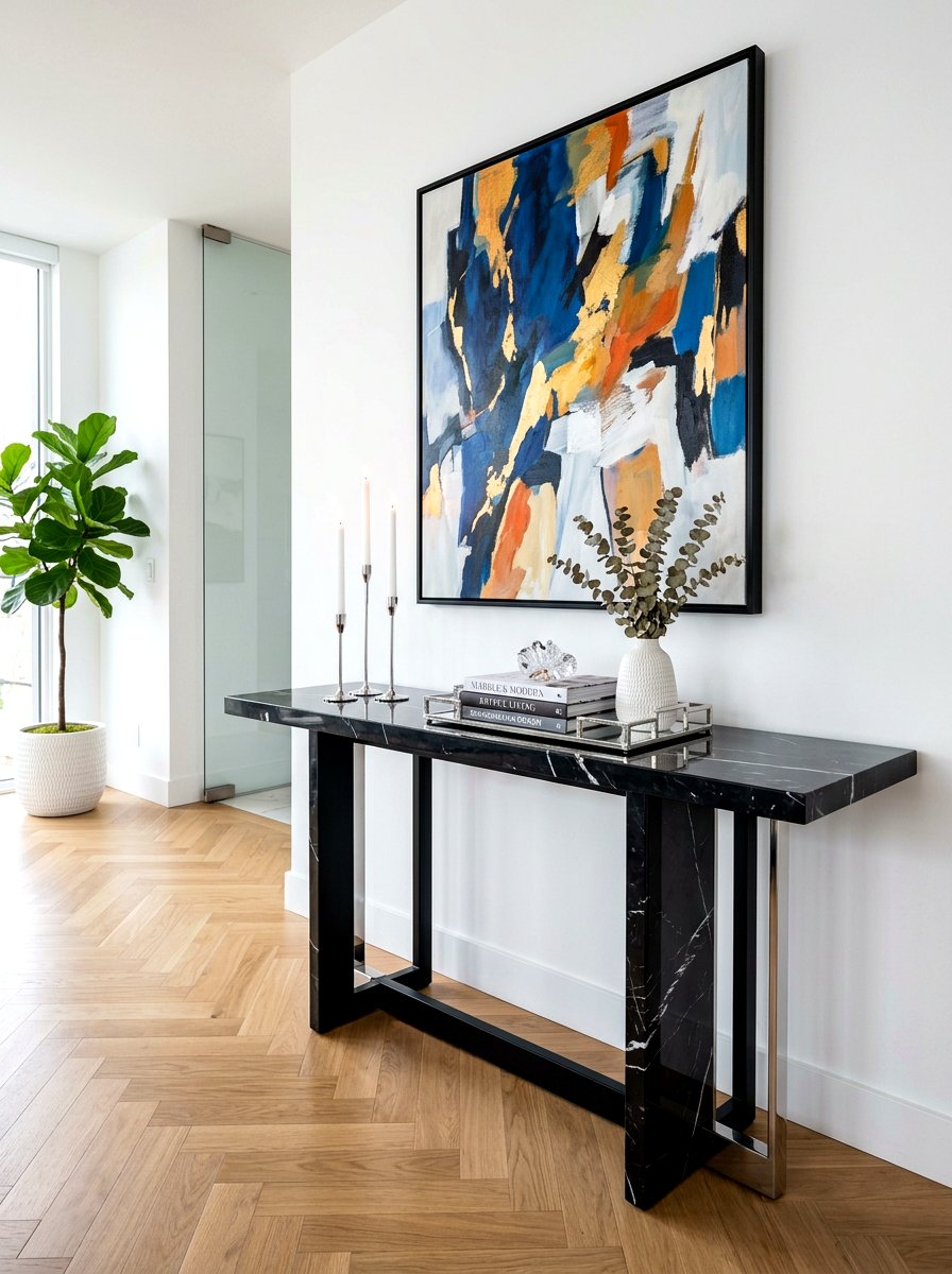 Black marble console table - 30 dramatic foyer decor ideas