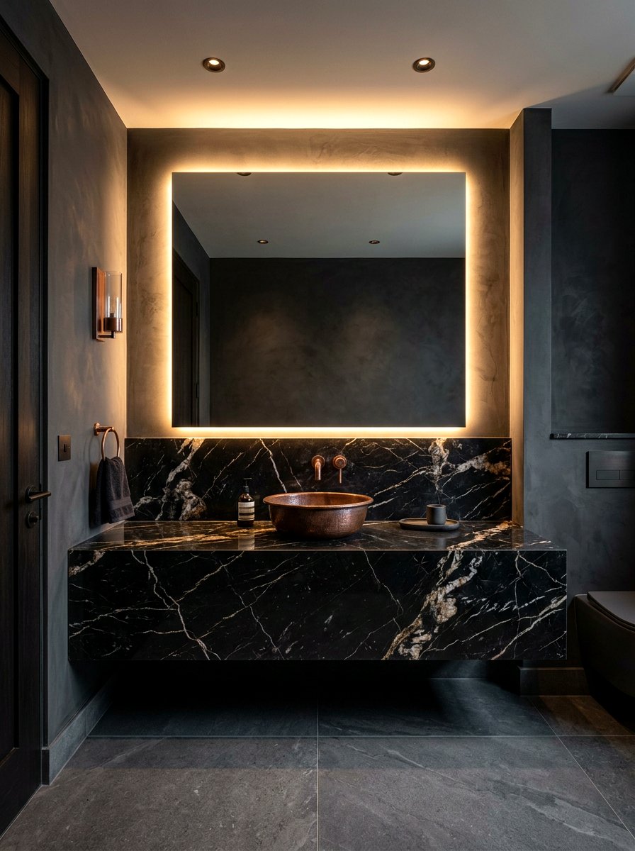 Black marble countertop powder room - 30 jewel box powder room ideas