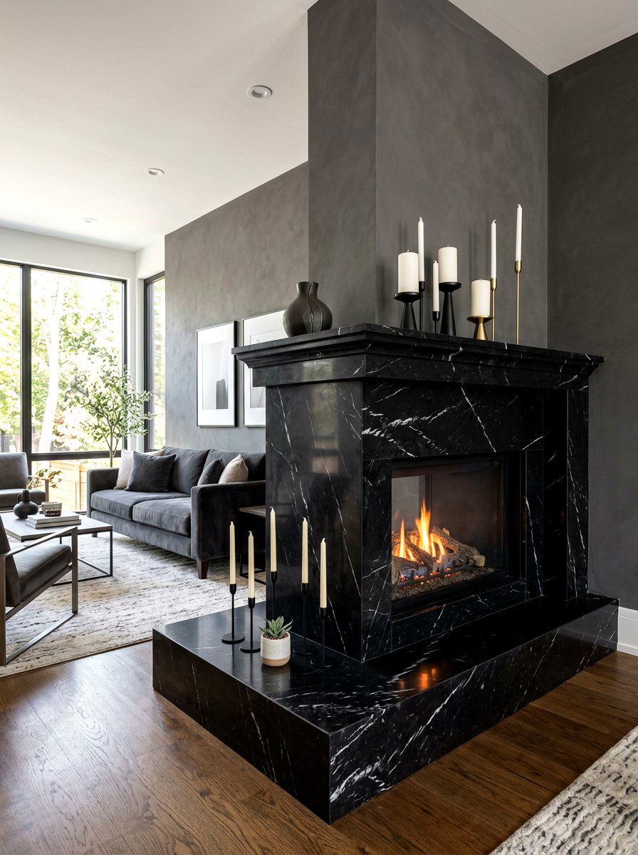 Black marble hearth - 30 moody mantel fall ideas