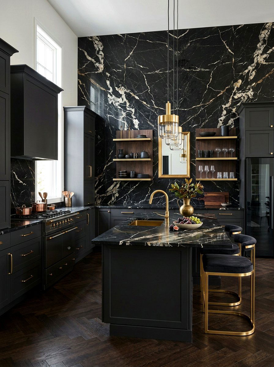 Black marble kitchen - 30 full height backsplash ideas